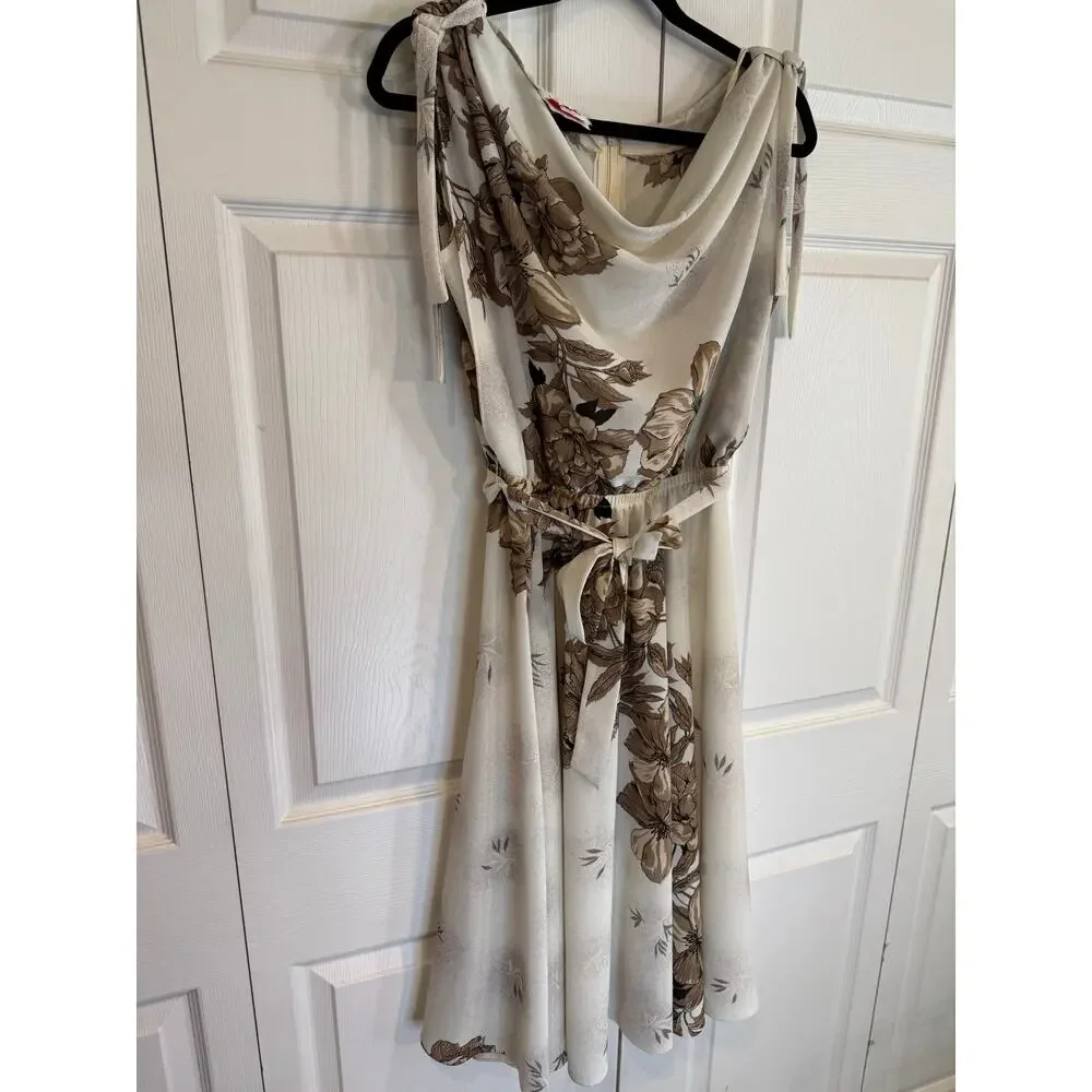 Vintage Floral Print Dress Sleeveless Tie Strap Midi Cream Brown - Picture 2 of 8